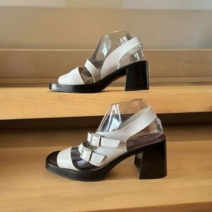 The Leather Collection Women's White Slingback Sandals 3in Blocked Heel Buckle